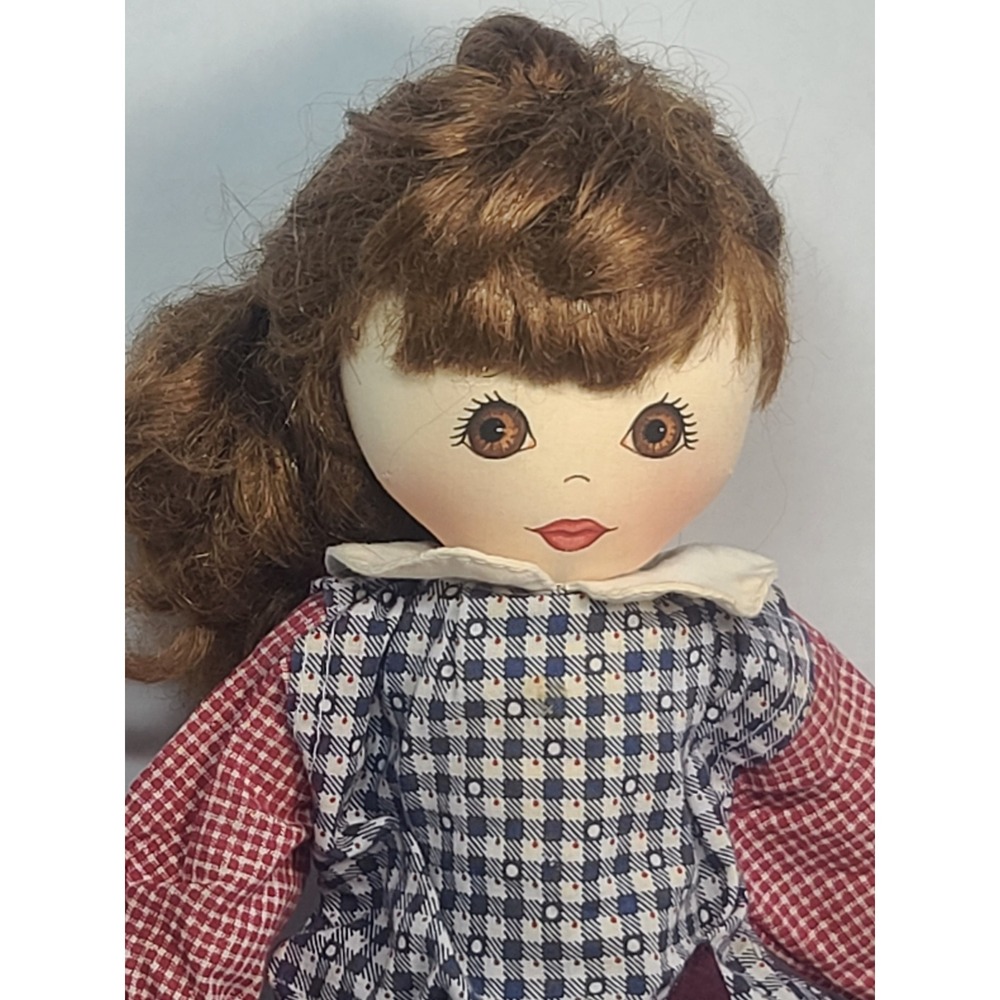 Vintage Handmade Cloth Doll Auburn Hair Blue Gingham Overalls 14 Inch primitive
